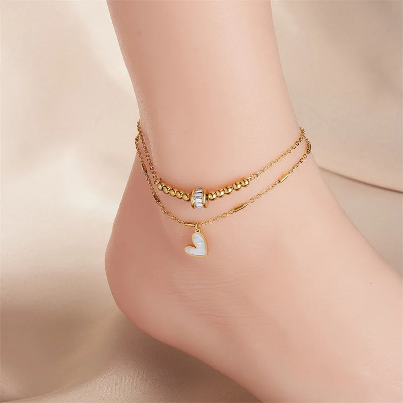 Gold Double Layer Heart & Crystal Anklet