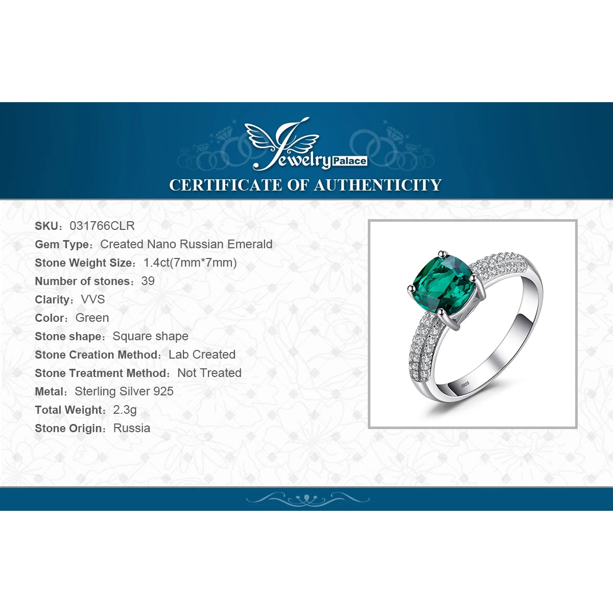 Jewelry Palace 1.8ct Cushion Cut Emerald Green Ring in 925 Sterling Silver