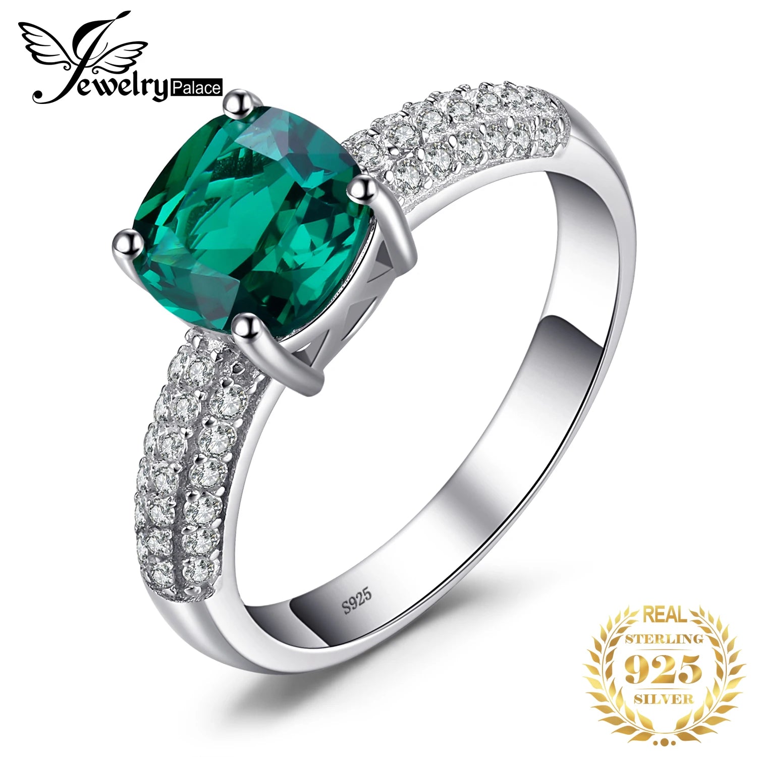 Jewelry Palace 1.8ct Cushion Cut Emerald Green Ring in 925 Sterling Silver
