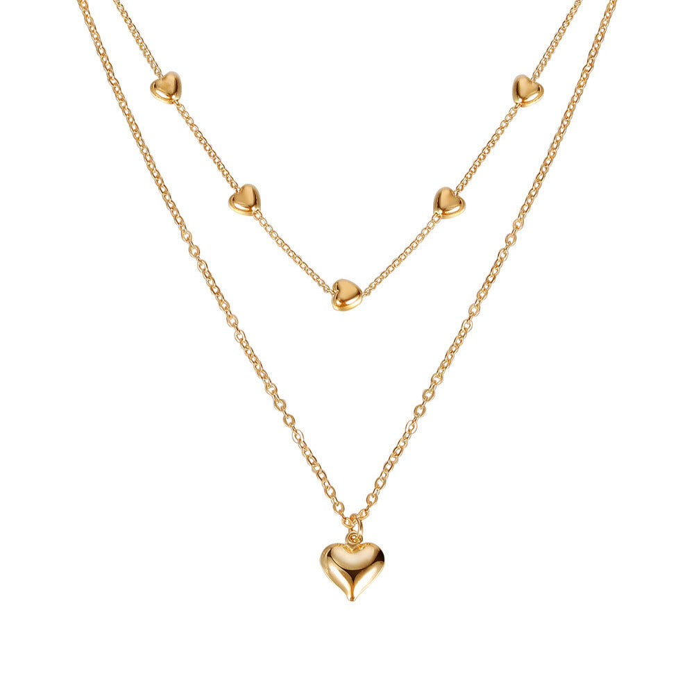 Gold Double Layer Heart Charm Necklace