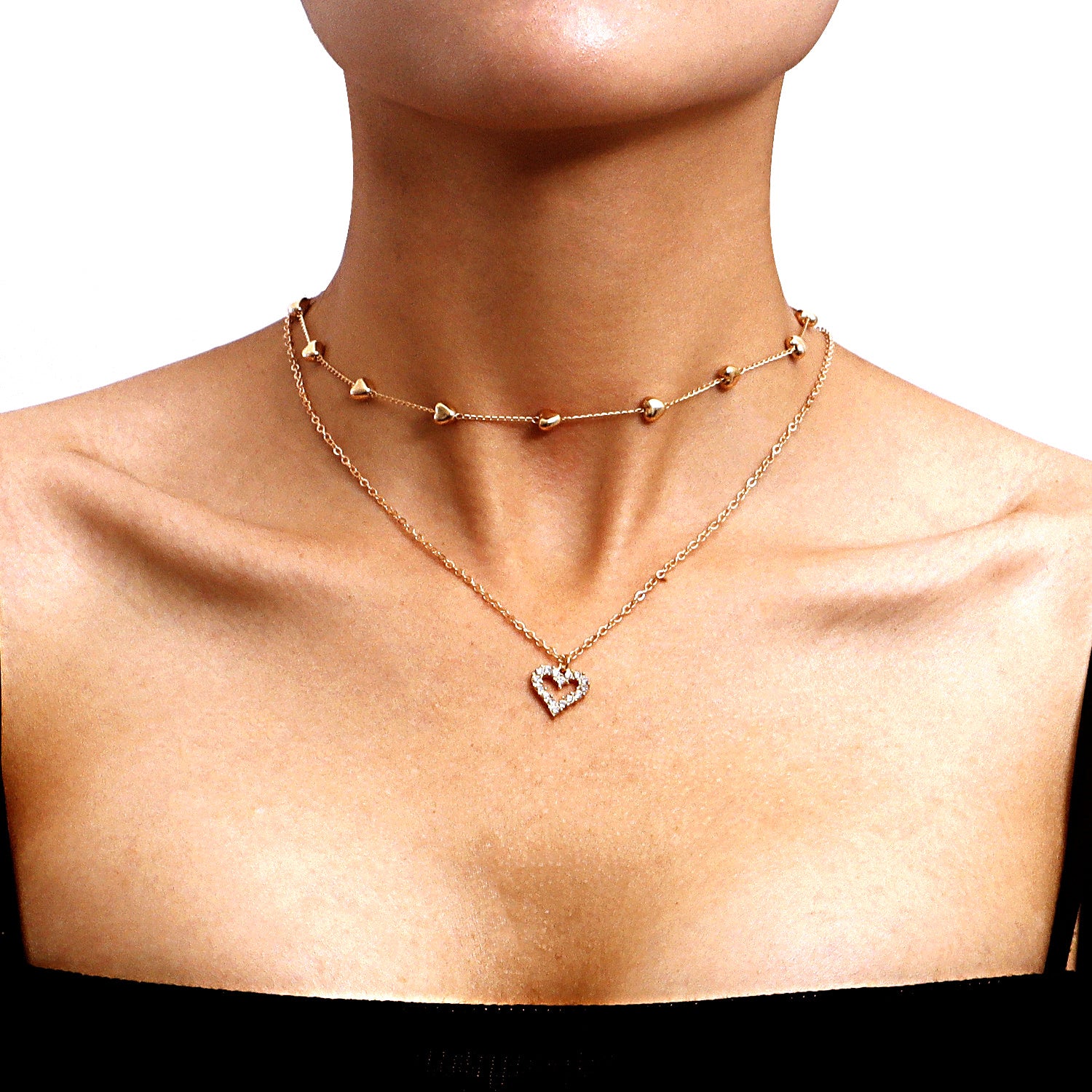 Gold Double Layer Heart Charm Necklace