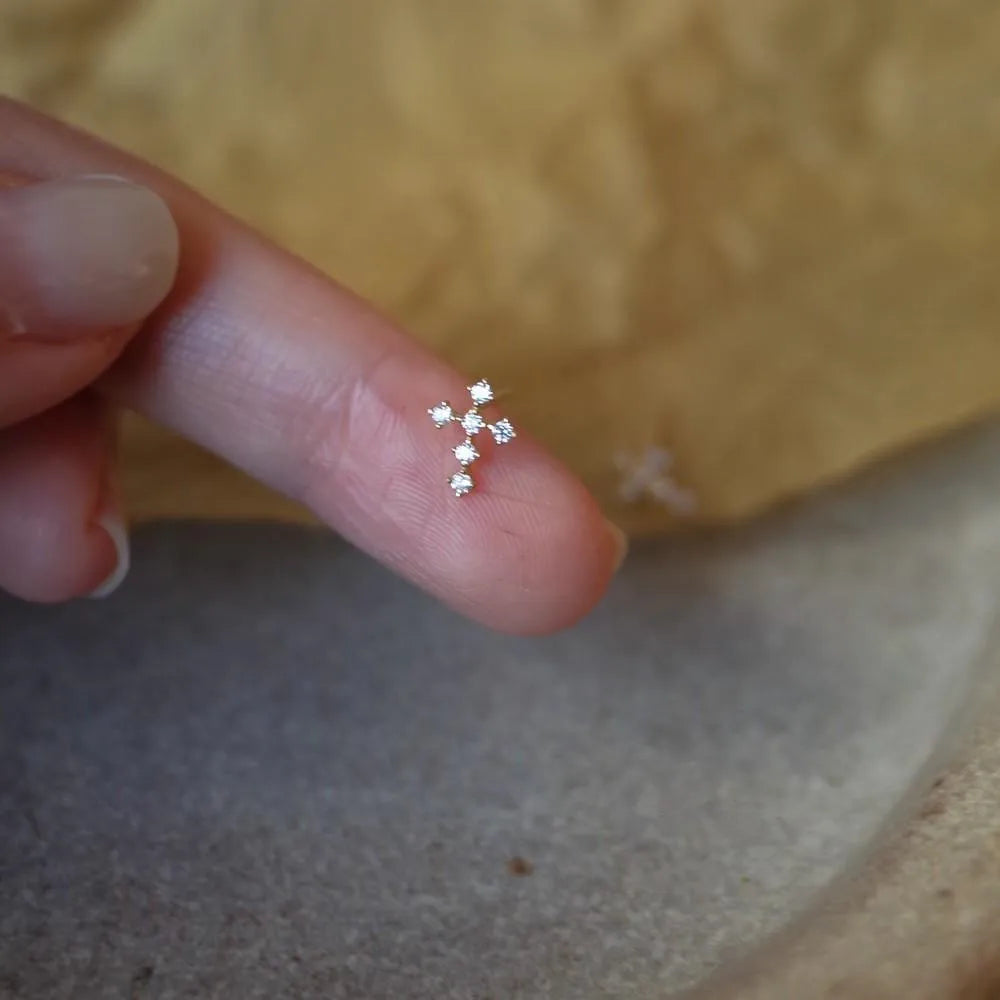 925 Sterling Silver Plating 14K Gold Mini Simple Zircon Cross Earrings for Women Exquisite Party Gifts Jewelry