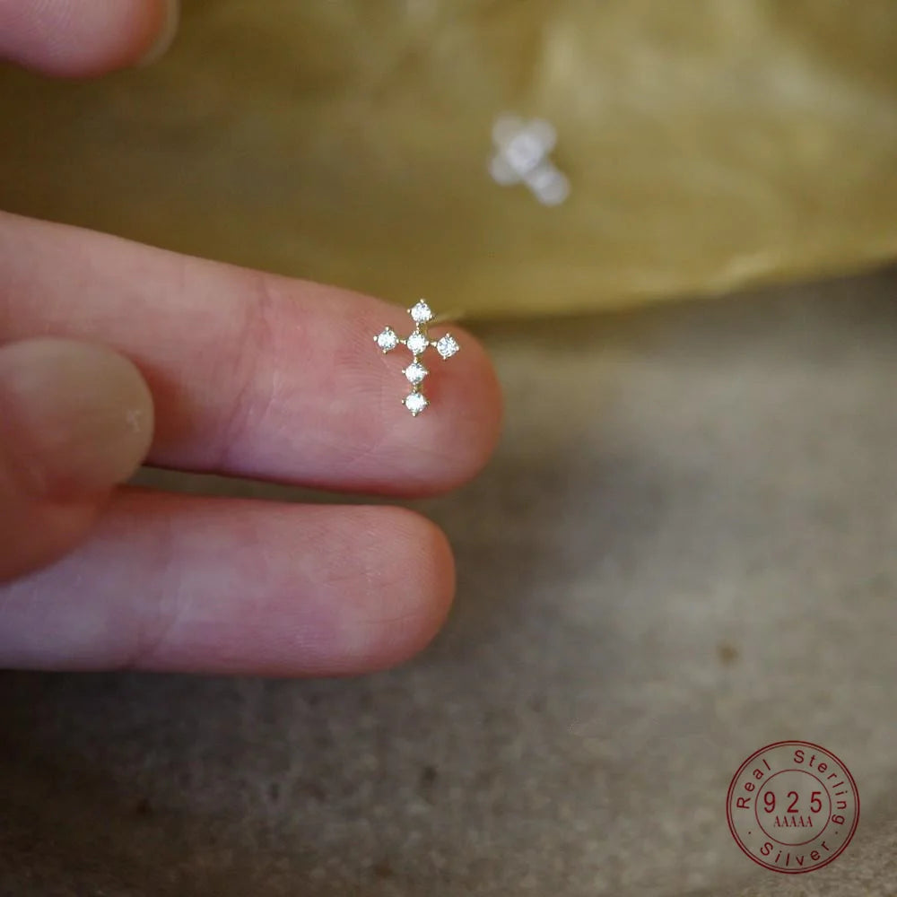 925 Sterling Silver Plating 14K Gold Mini Simple Zircon Cross Earrings for Women Exquisite Party Gifts Jewelry