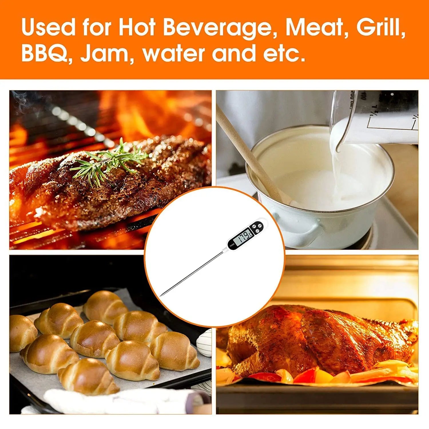 Food Thermometer Digital Meat Cooking Thermometer Instant Read Long Probe Auto Off LCD Screen Kitchen