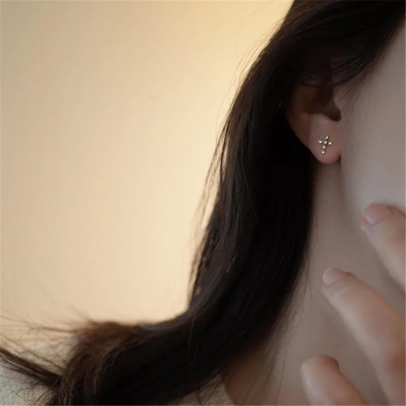 925 Sterling Silver Plating 14K Gold Mini Simple Zircon Cross Earrings for Women Exquisite Party Gifts Jewelry