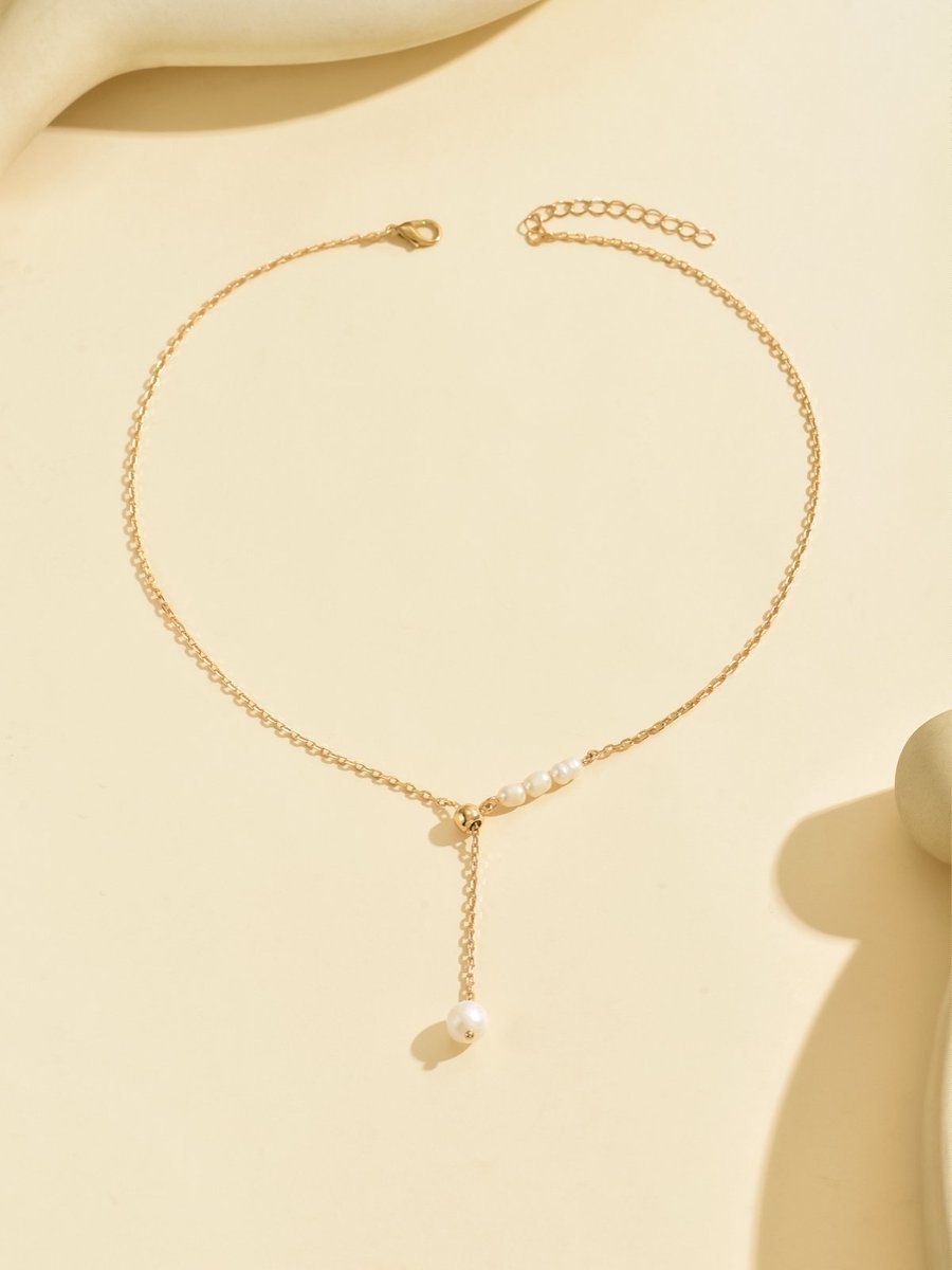 Elegant Gold-Tone Pearl Drop Necklace - Stylish  And Lightweight Jewelry For Young Women